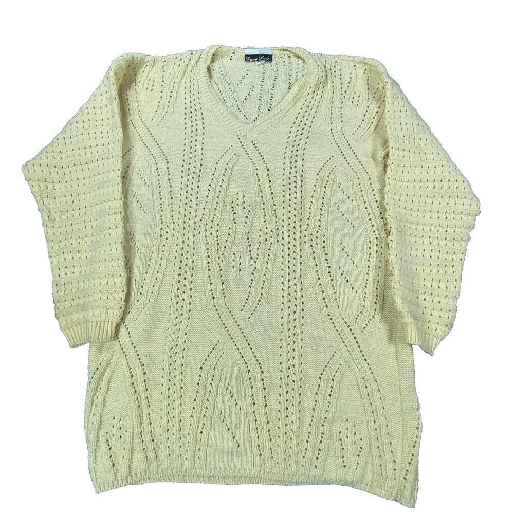 Vintage Dana Scott Sweater 2XL Cream Open Knit Metallic USA Cottagecore Boho